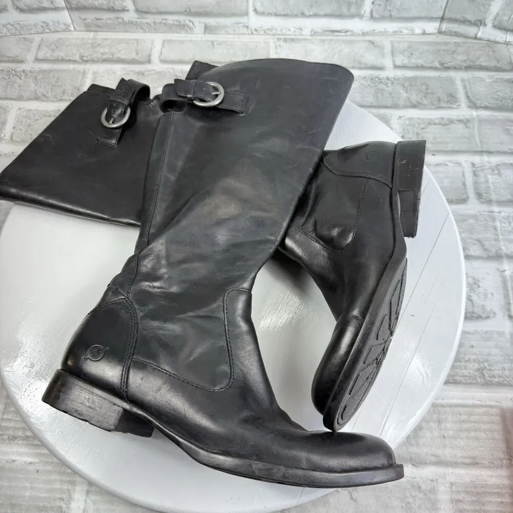 BORN Women's Size 7.5 Black Leather Knee High Side Zip Buckle Boots